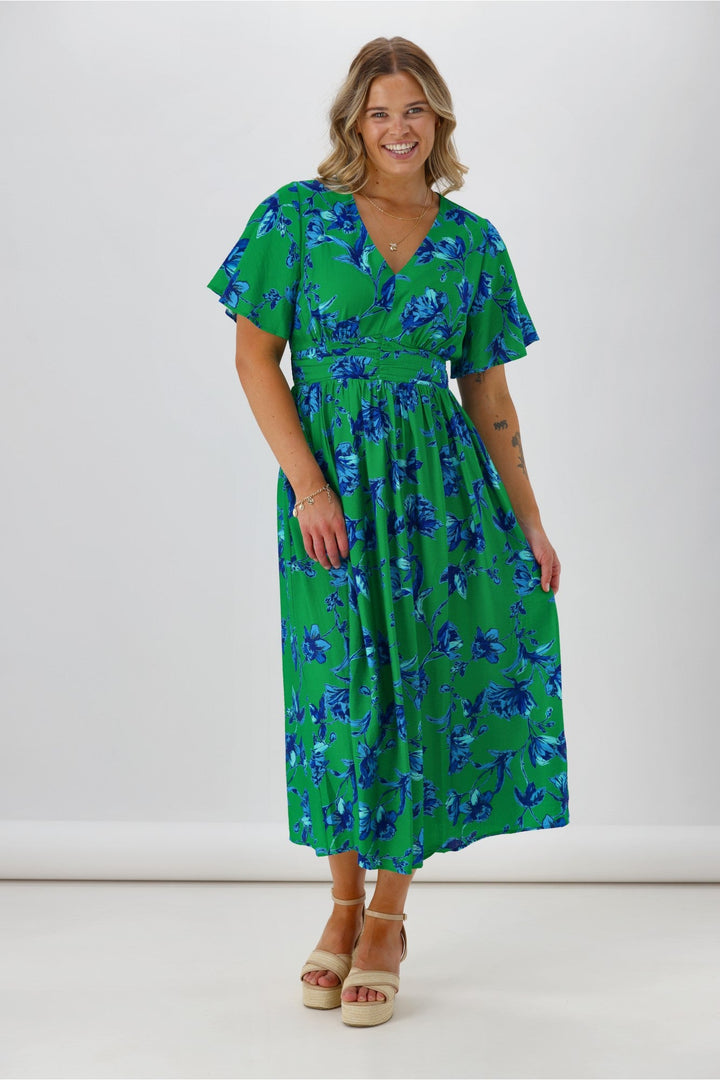 Gloss The Label Rohan Flutter Sleeve Dress Green Floral