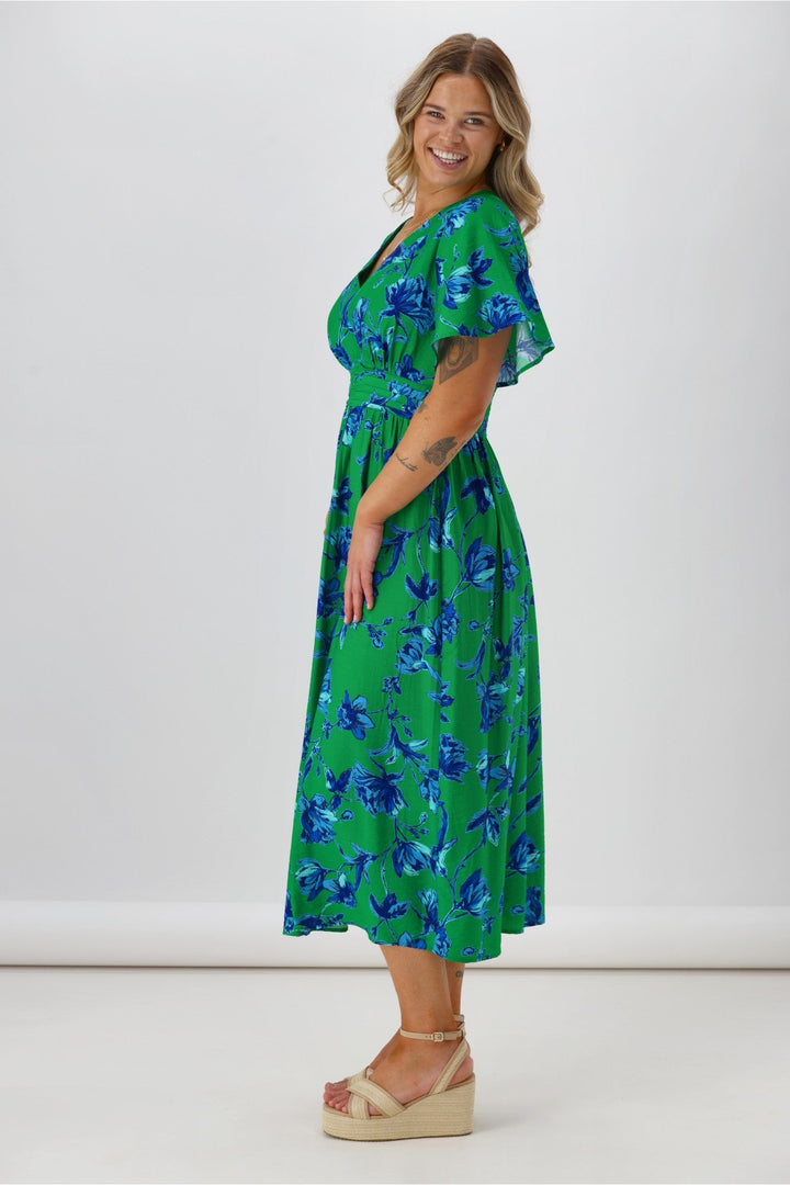 Gloss The Label Rohan Flutter Sleeve Dress Green Floral