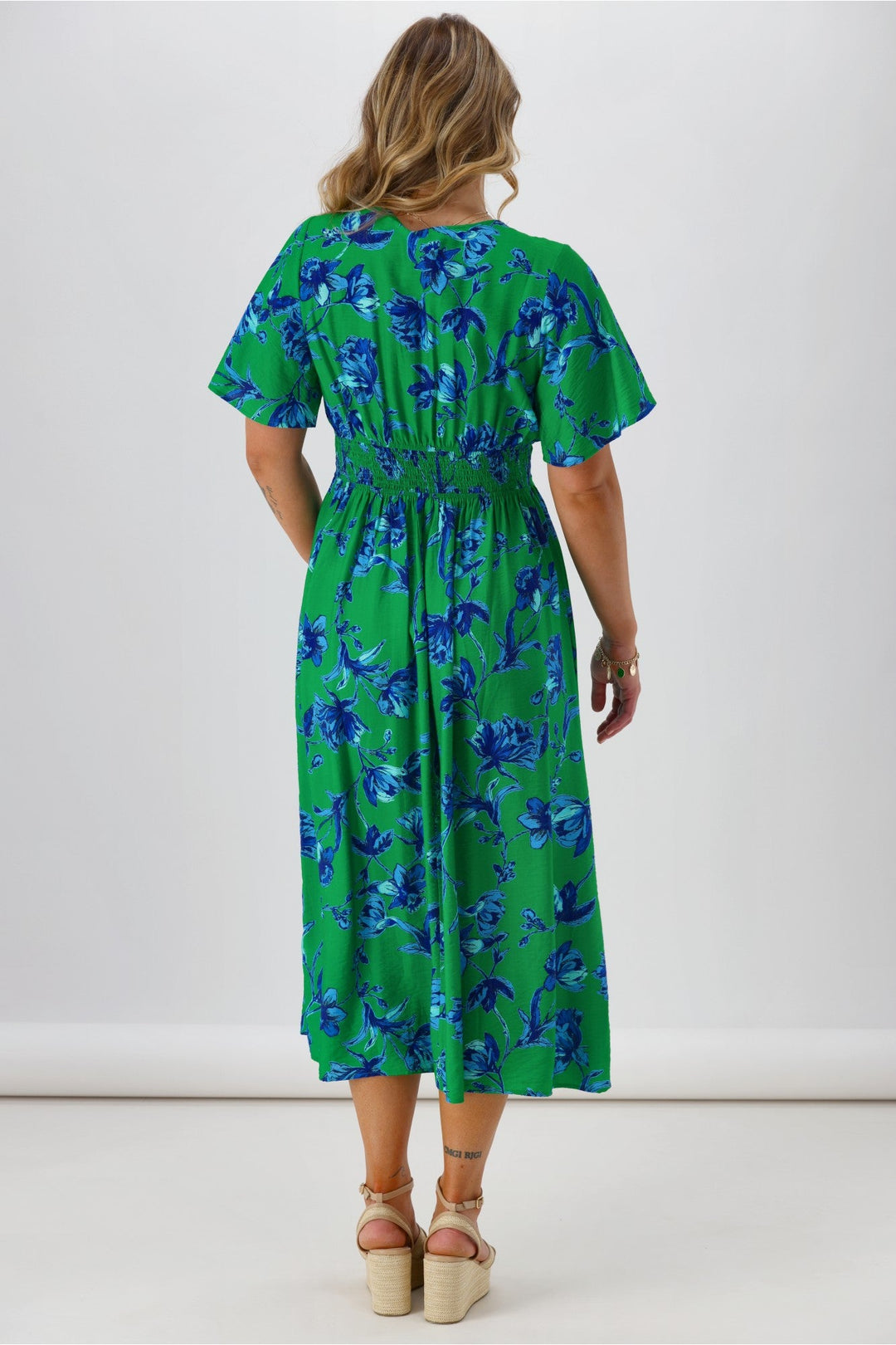 Gloss The Label Rohan Flutter Sleeve Dress Green Floral