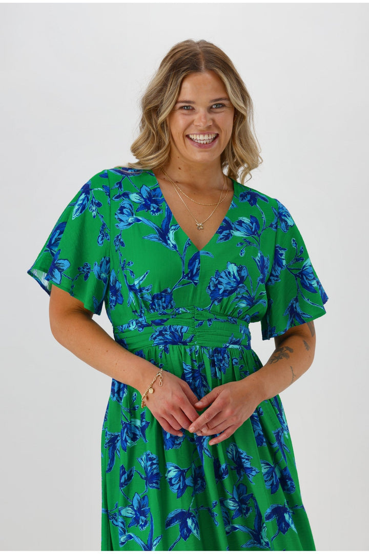 Gloss The Label Rohan Flutter Sleeve Dress Green Floral