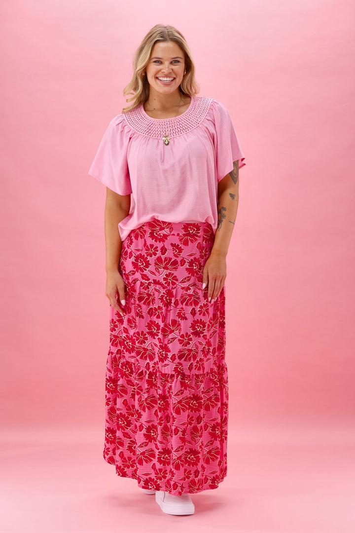 Gloss The Label Rosalie Tiered Skirt Red Pink Floral