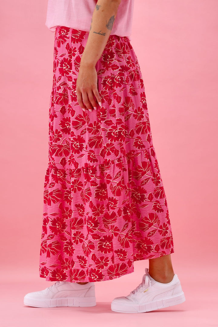 Gloss The Label Rosalie Tiered Skirt Red Pink Floral