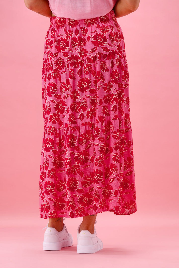 Gloss The Label Rosalie Tiered Skirt Red Pink Floral