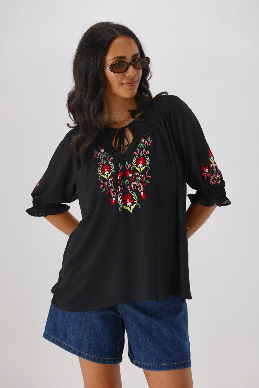Gloss The Label Simone Embroidered Blouse Black