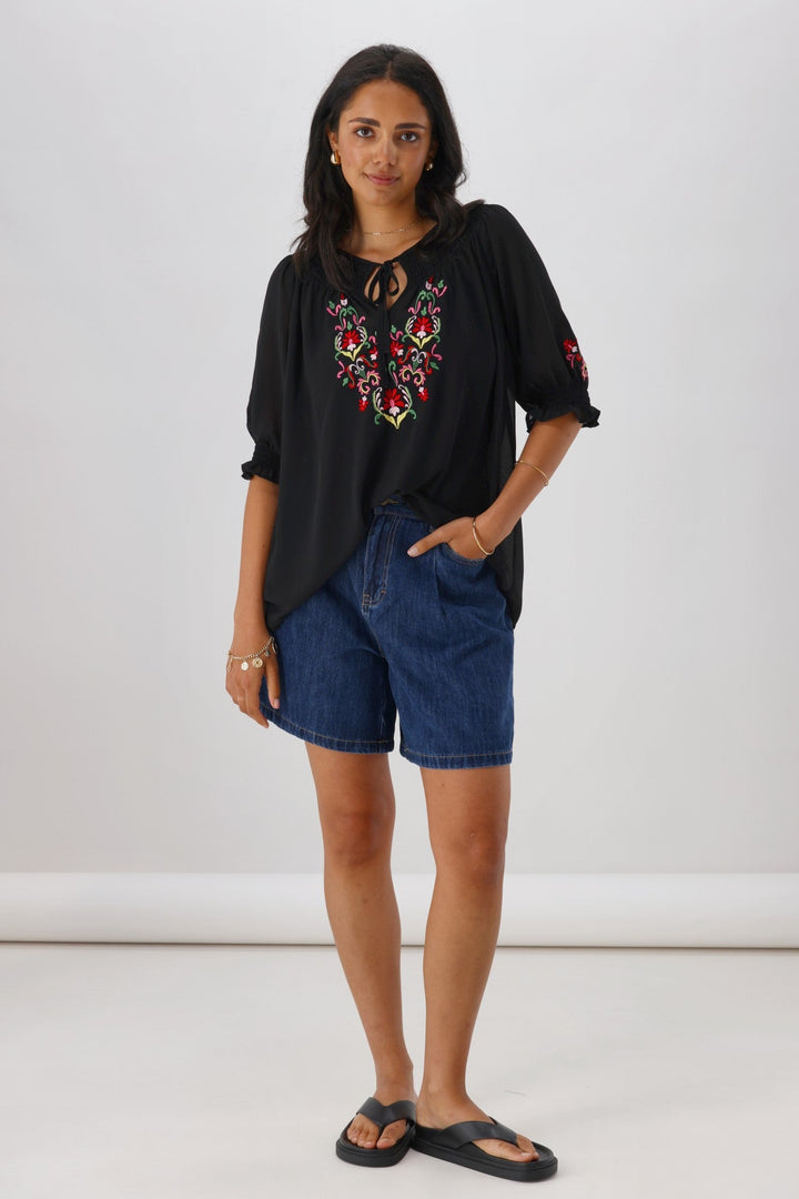 Gloss The Label Simone Embroidered Blouse Black