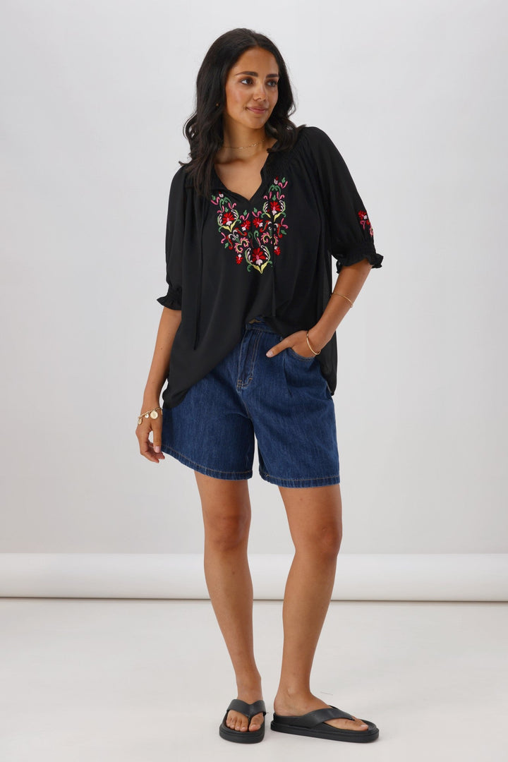 Gloss The Label Simone Embroidered Blouse Black