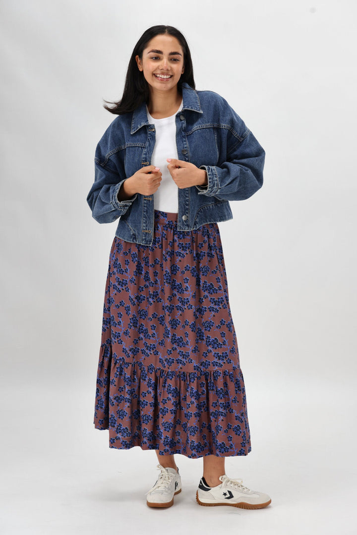 Gloss The Label Taia Frill Hem Skirt Chocolate Floral