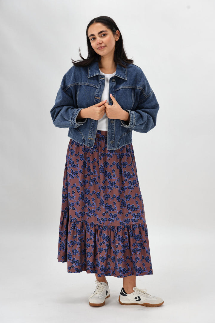 Gloss The Label Taia Frill Hem Skirt Chocolate Floral