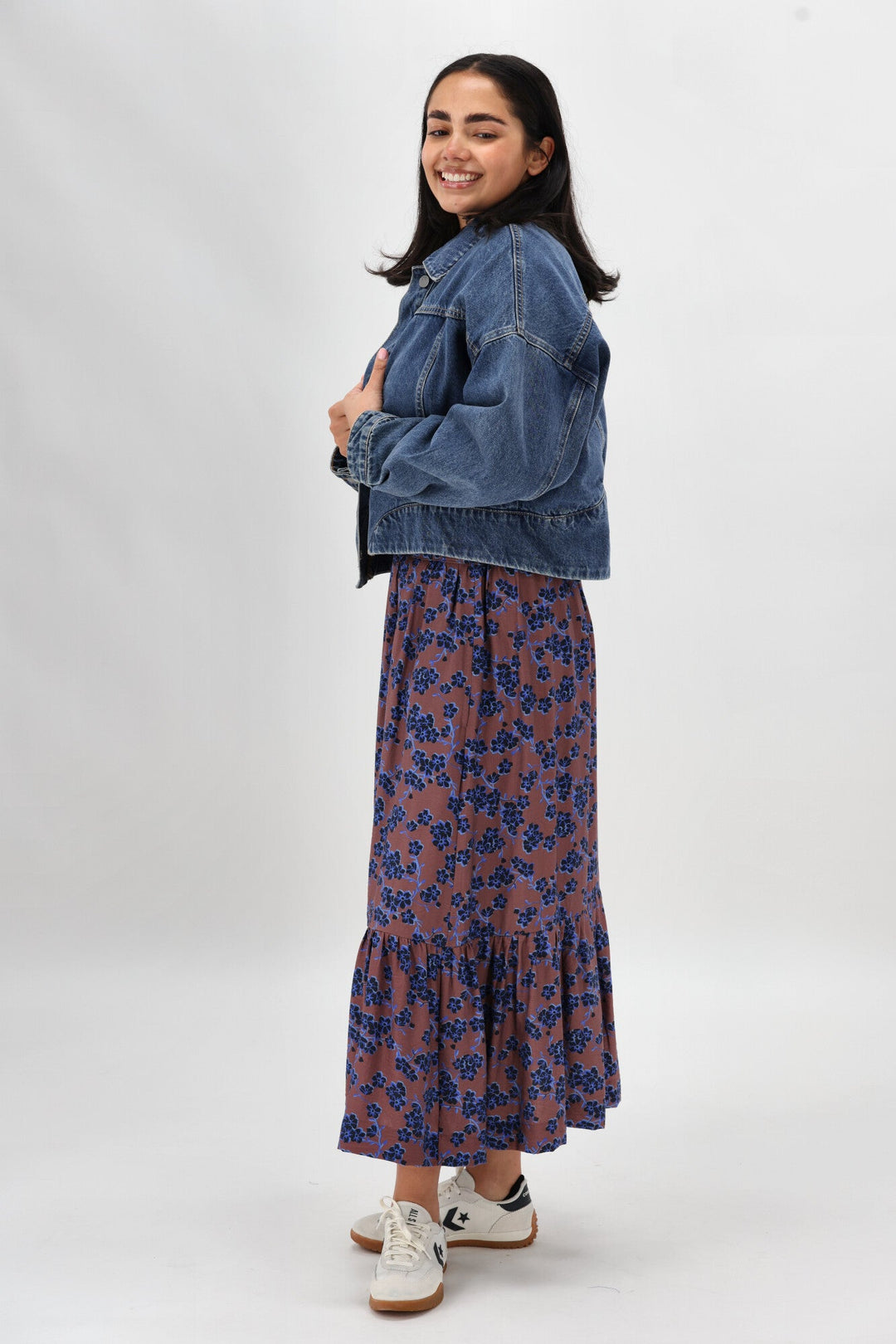 Gloss The Label Taia Frill Hem Skirt Chocolate Floral