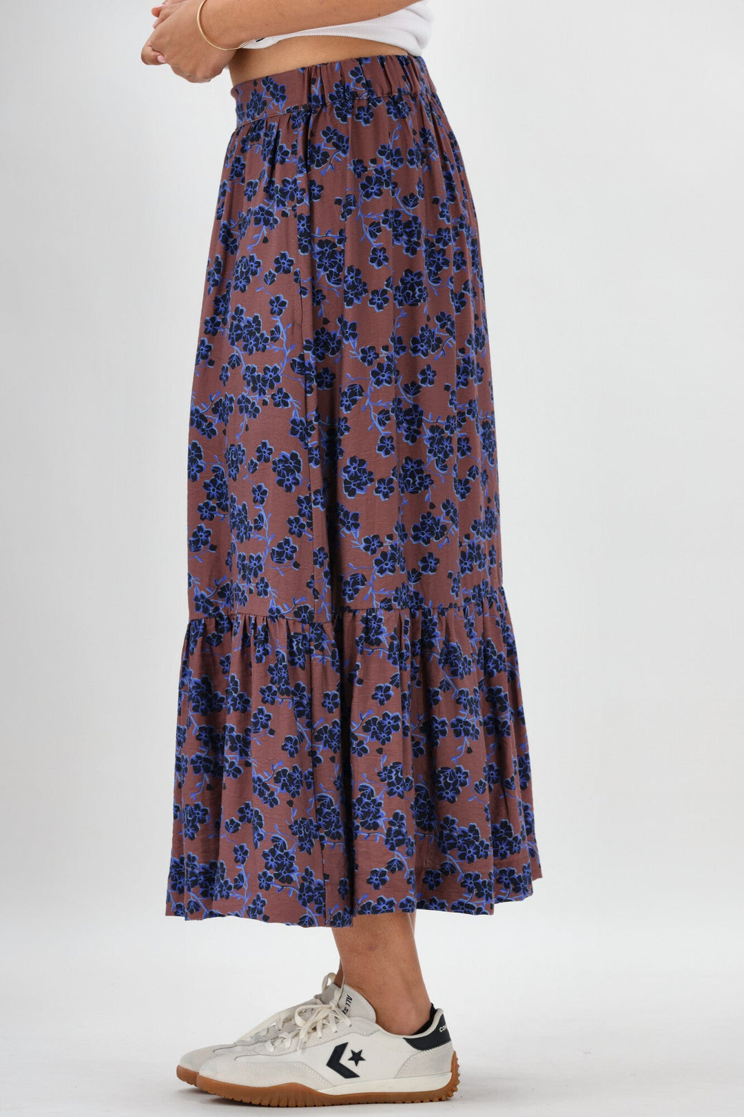 Gloss The Label Taia Frill Hem Skirt Chocolate Floral