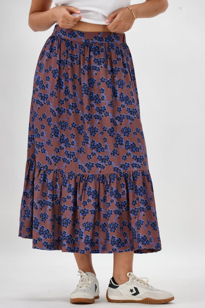 Gloss The Label Taia Frill Hem Skirt Chocolate Floral