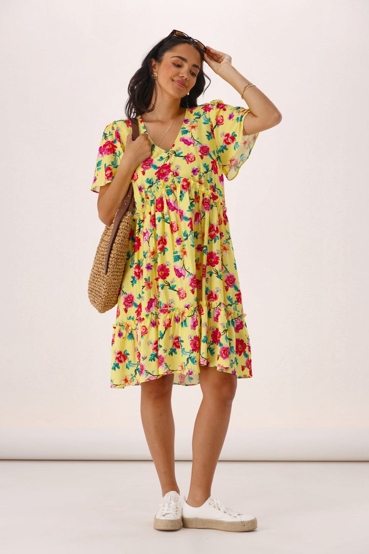 Gloss The Label Tammi Frill Hem Bouquet Dress Yellow Floral