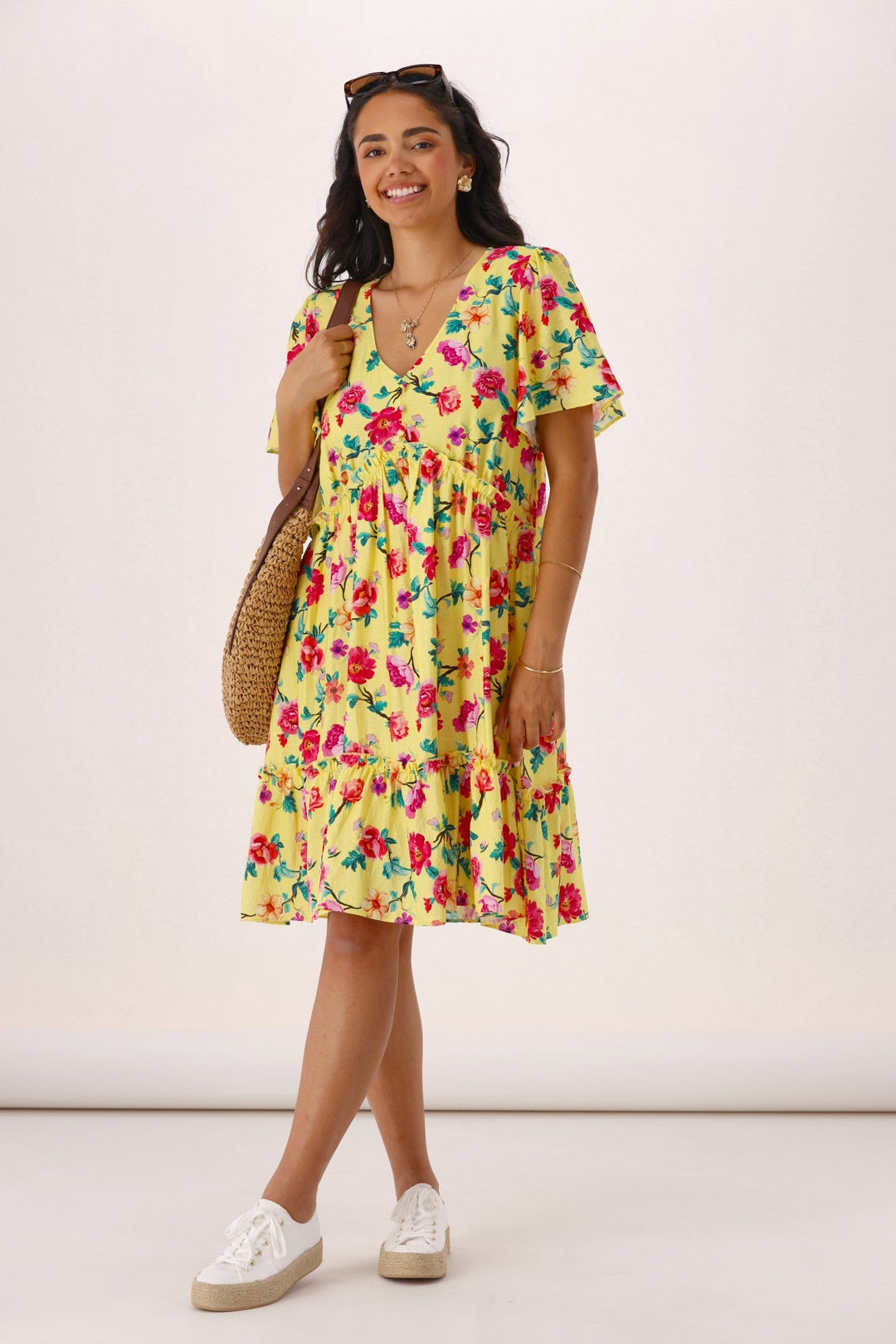 Gloss The Label Tammi Frill Hem Bouquet Dress Yellow Floral