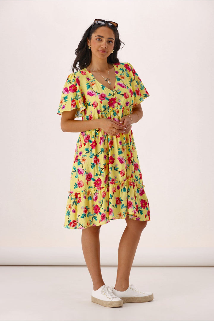 Gloss The Label Tammi Frill Hem Bouquet Dress Yellow Floral