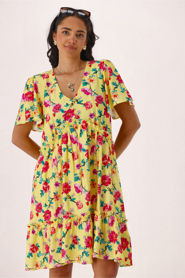 Gloss The Label Tammi Frill Hem Bouquet Dress Yellow Floral
