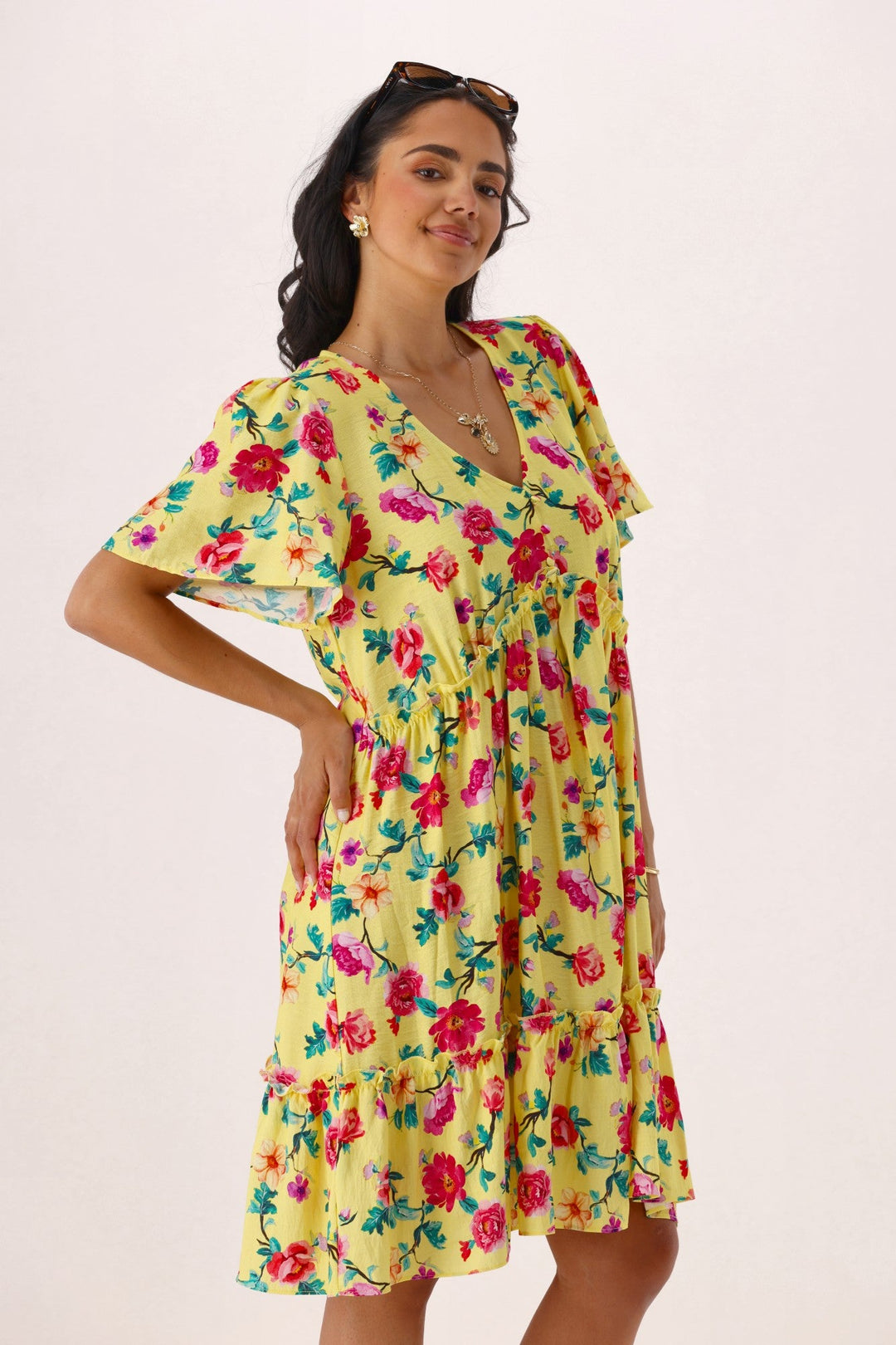 Gloss The Label Tammi Frill Hem Bouquet Dress Yellow Floral