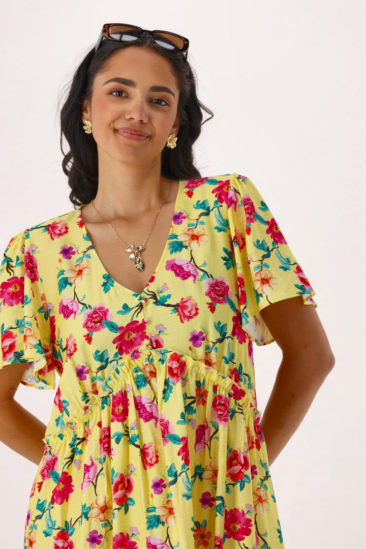 Gloss The Label Tammi Frill Hem Bouquet Dress Yellow Floral