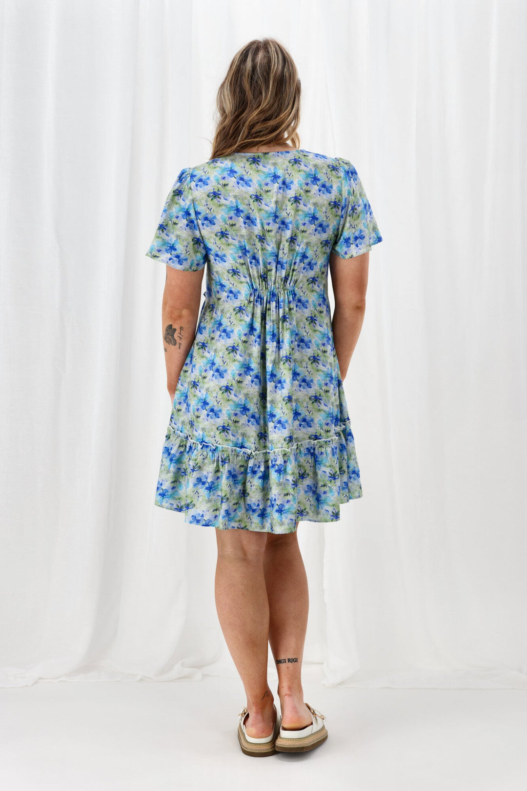 Gloss The Label Tammi Frill Hem Dress Blue Green Floral