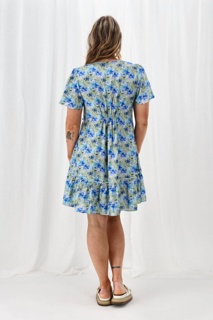 Gloss The Label Tammi Frill Hem Dress Blue Green Floral