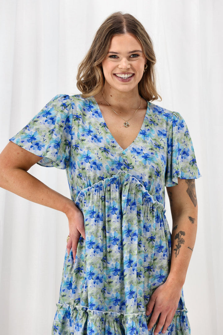 Gloss The Label Tammi Frill Hem Dress Blue Green Floral