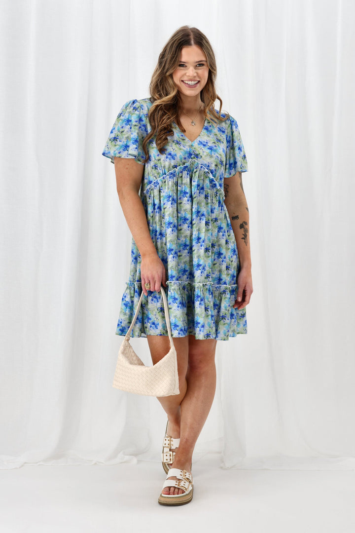 Gloss The Label Tammi Frill Hem Dress Blue Green Floral