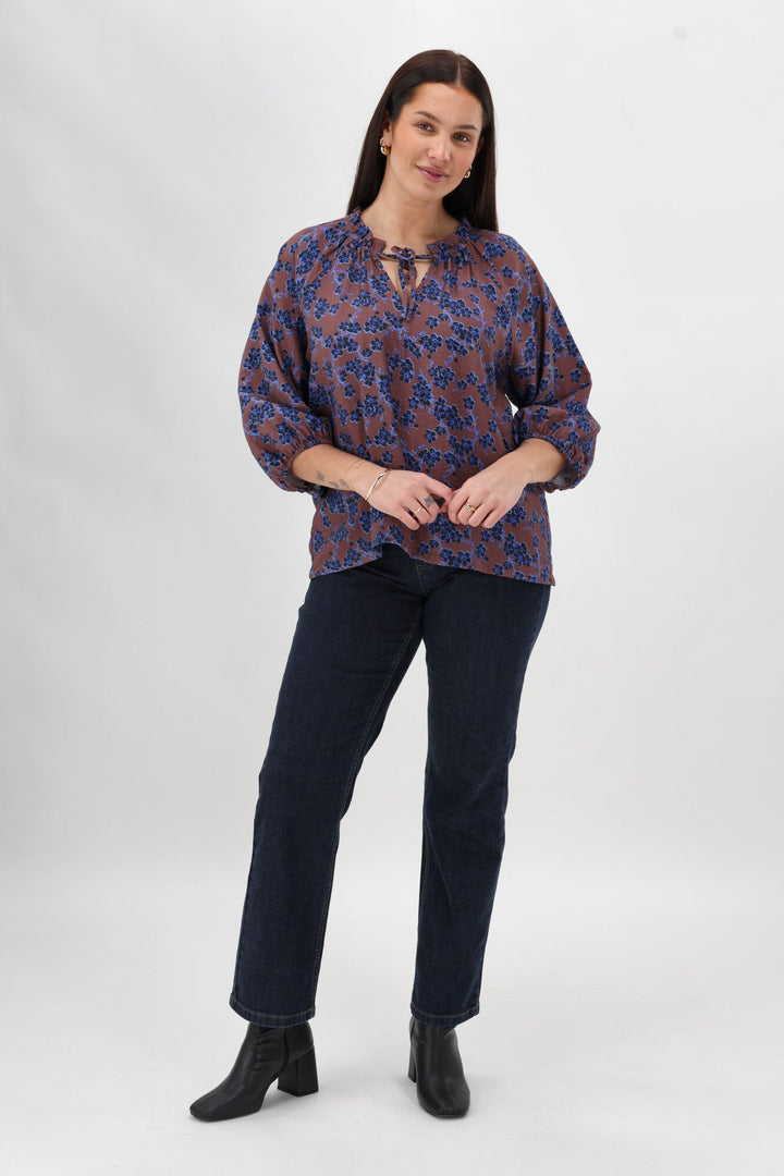 Gloss The Label Tihana Frill Neck Blouse Chocolate Floral