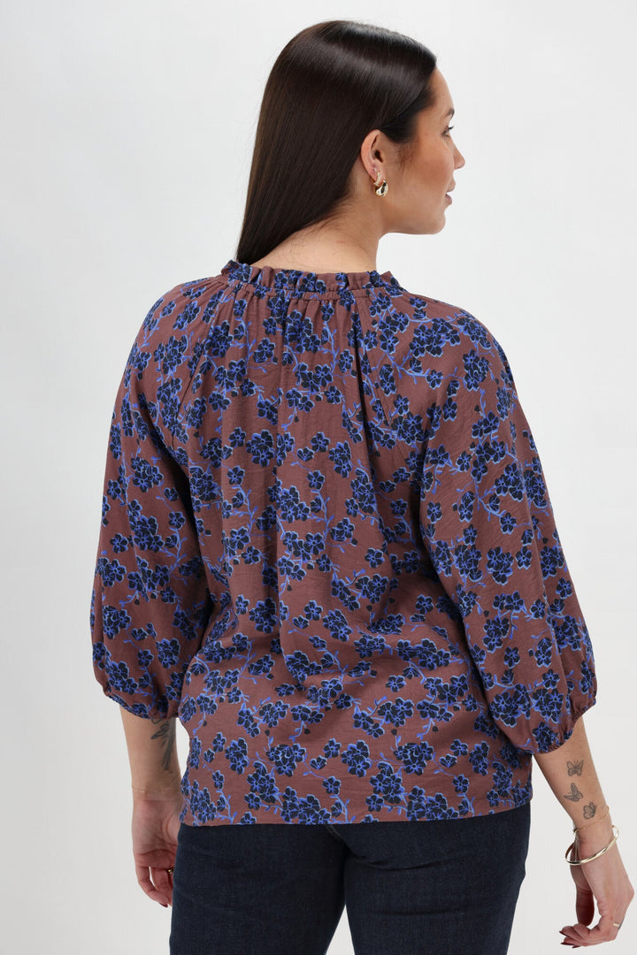 Gloss The Label Tihana Frill Neck Blouse Chocolate Floral