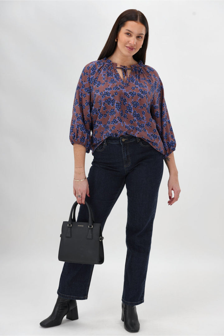 Gloss The Label Tihana Frill Neck Blouse Chocolate Floral