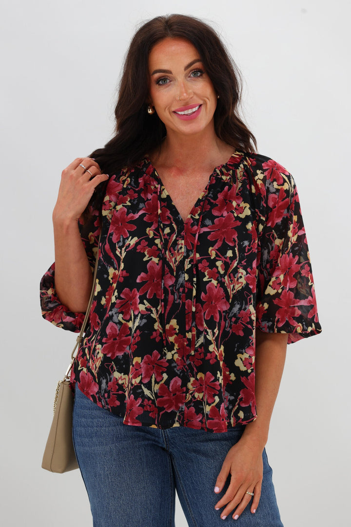Gloss The Label Tihana Frill Neck Blouse Black and Cranberry Floral