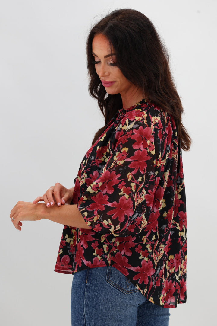 Gloss The Label Tihana Frill Neck Blouse Black and Cranberry Floral