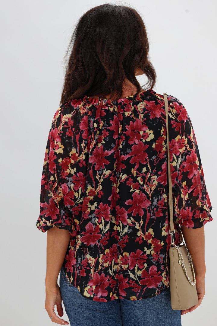Gloss The Label Tihana Frill Neck Blouse Black and Cranberry Floral
