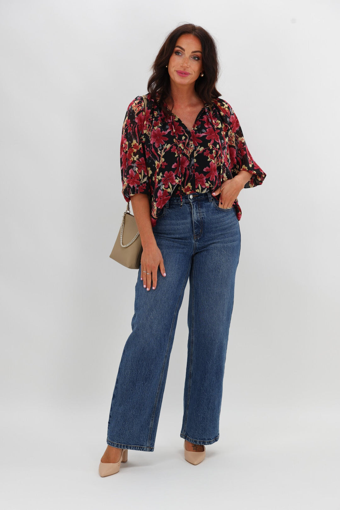 Gloss The Label Tihana Frill Neck Blouse Black and Cranberry Floral