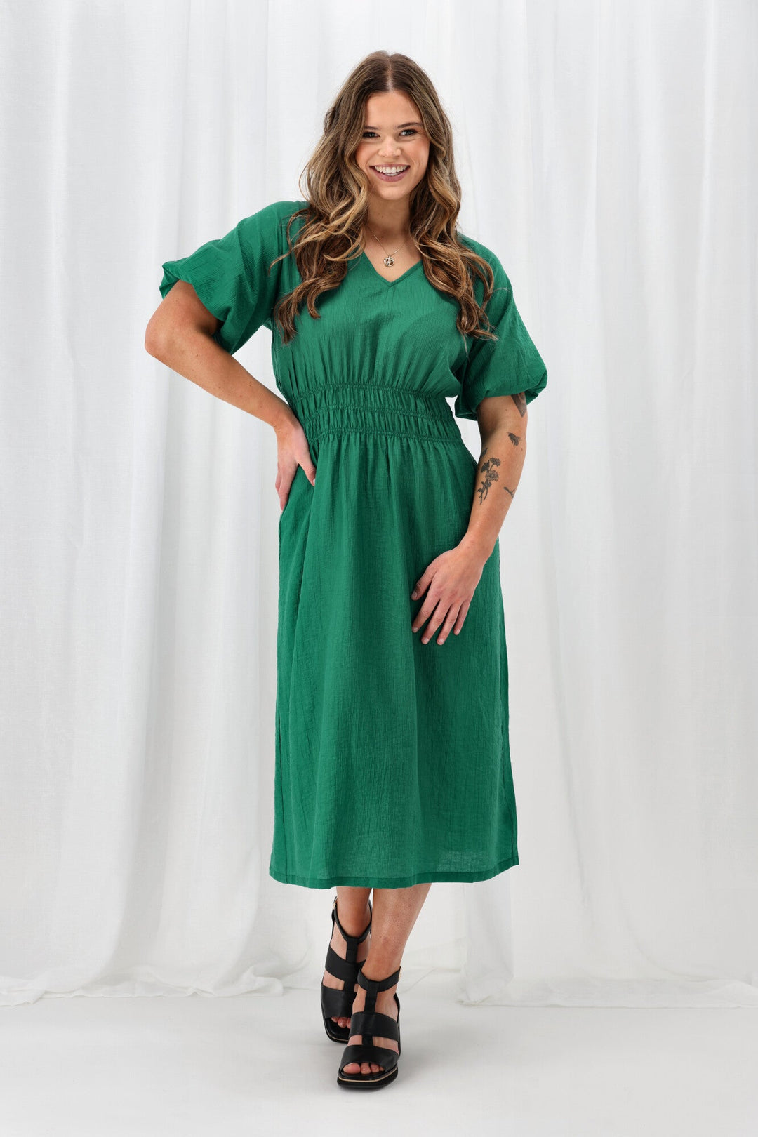 Gloss The Label Twilight Shirred Waist Dress Green