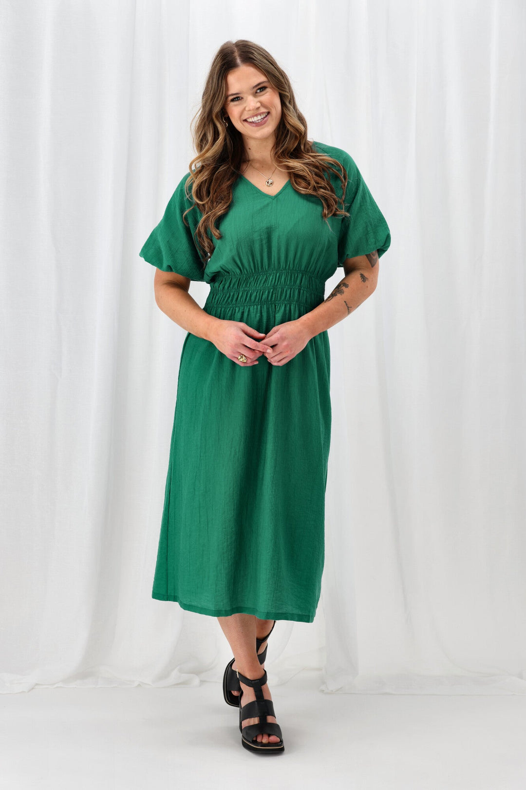 Gloss The Label Twilight Shirred Waist Dress Green
