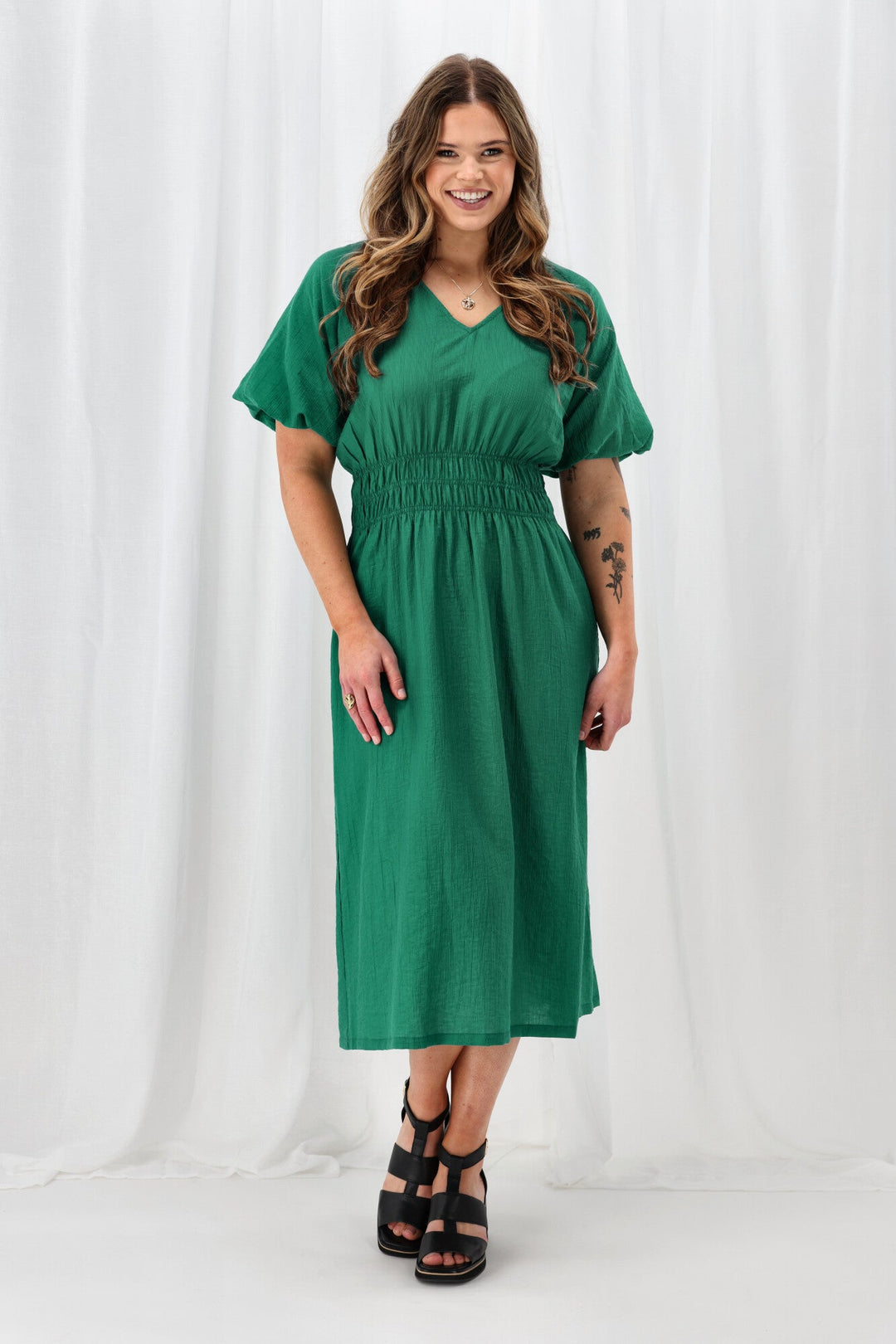 Gloss The Label Twilight Shirred Waist Dress Green