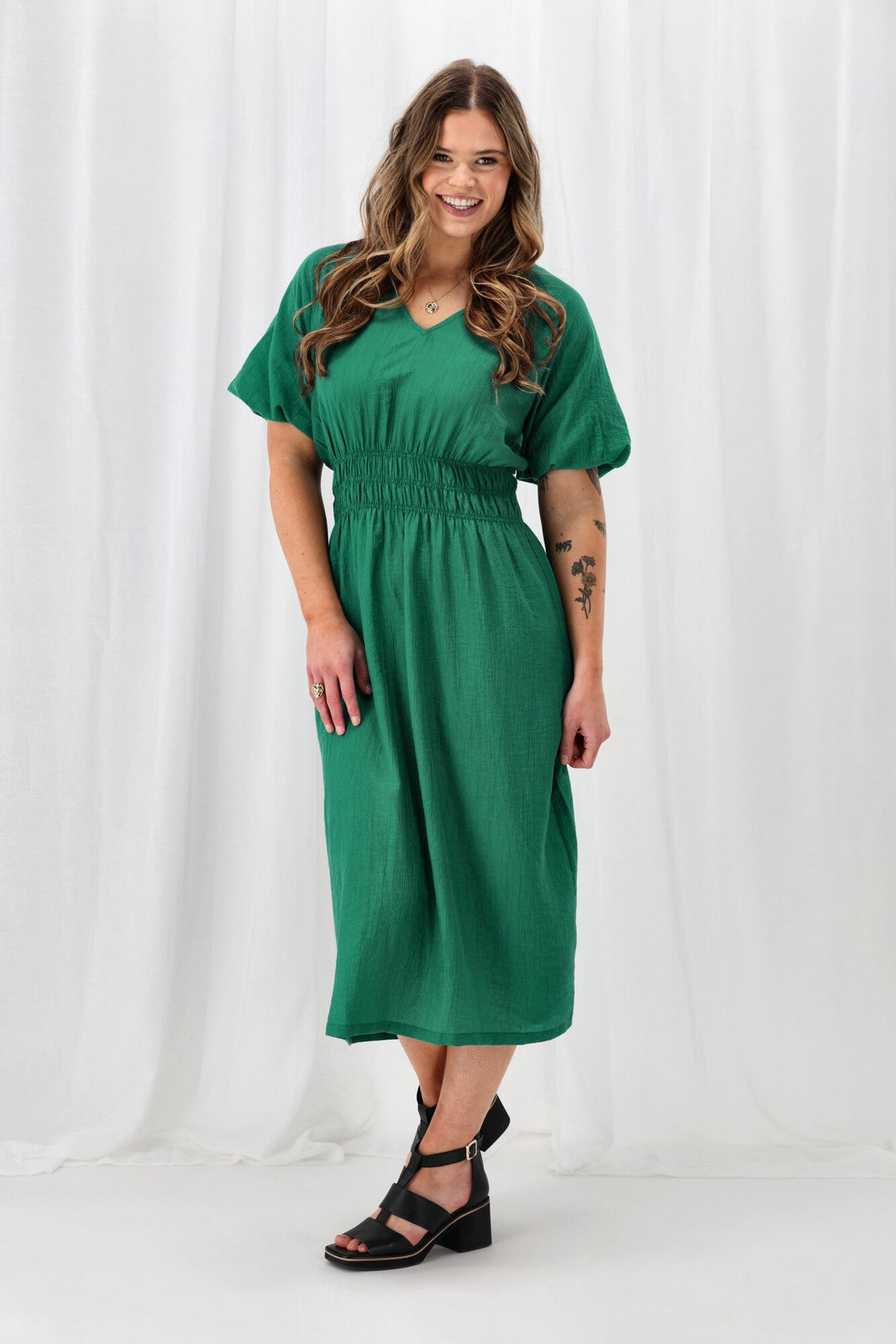 Gloss The Label Twilight Shirred Waist Dress Green