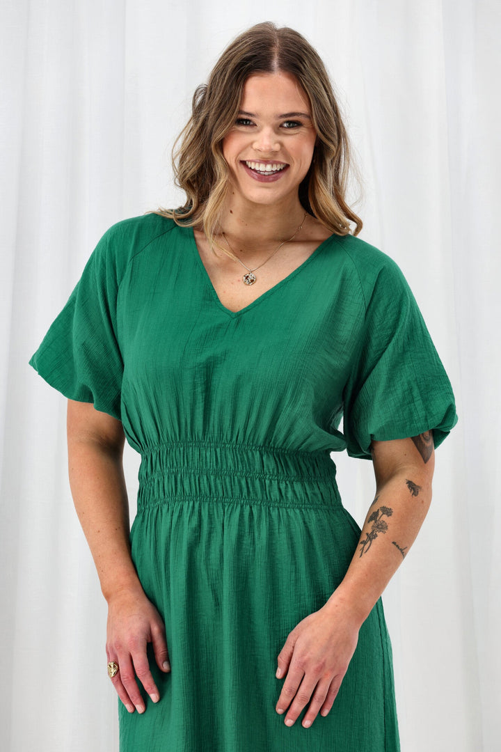 Gloss The Label Twilight Shirred Waist Dress Green
