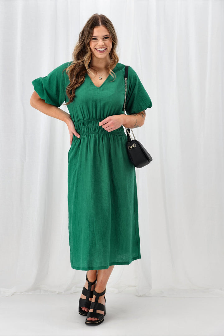 Gloss The Label Twilight Shirred Waist Dress Green