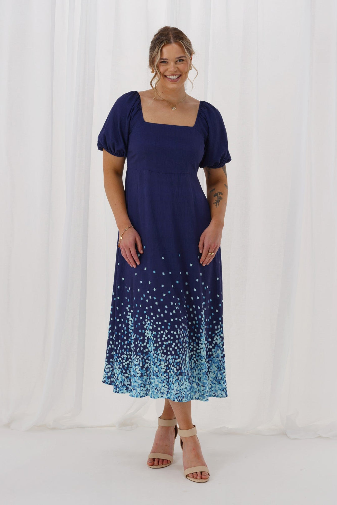 Gloss The Label Maggie Puff Sleeve Dress Blue Square Print