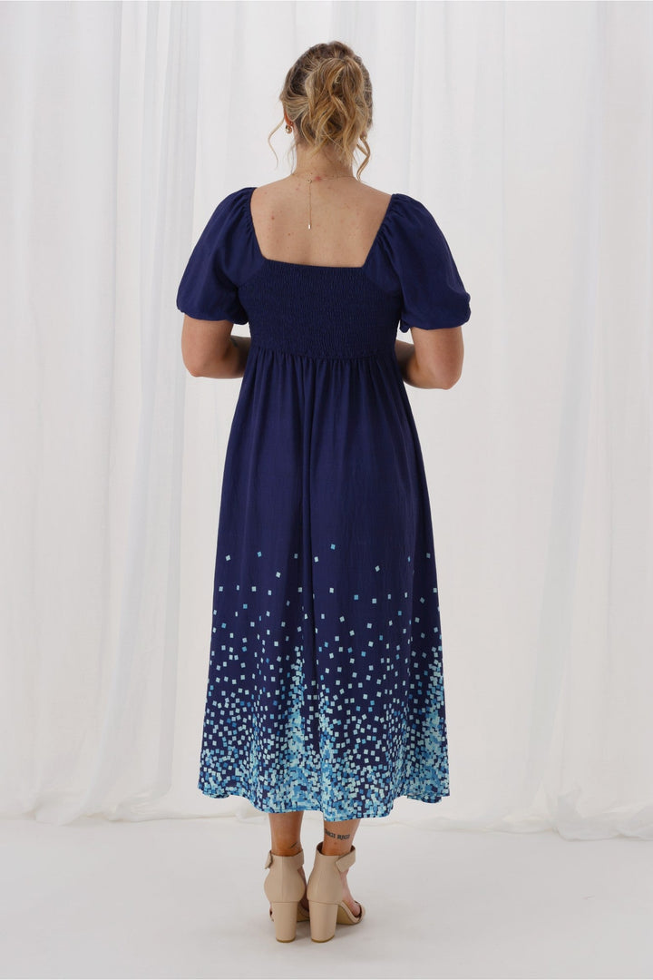 Gloss The Label Maggie Puff Sleeve Dress Blue Square Print