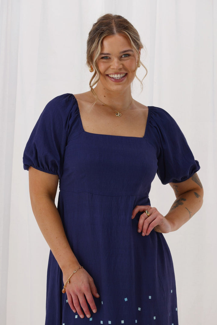 Gloss The Label Maggie Puff Sleeve Dress Blue Square Print