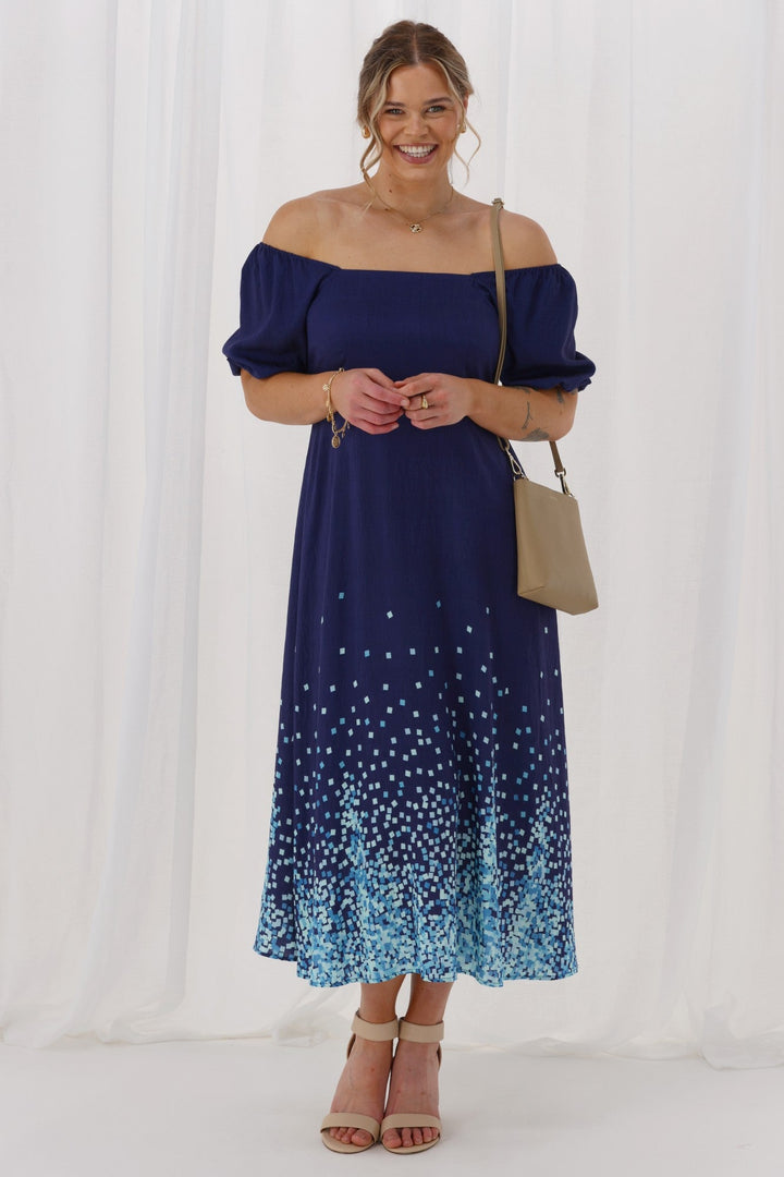 Gloss The Label Maggie Puff Sleeve Dress Blue Square Print