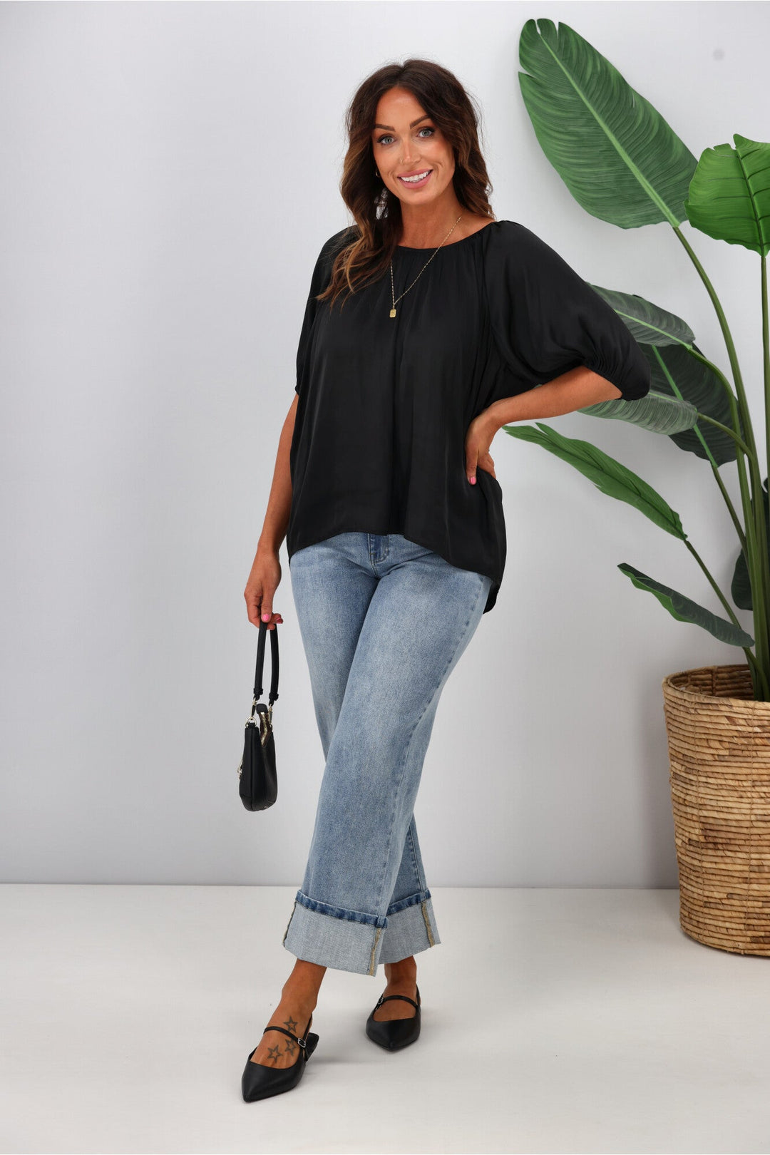 Gloss by Eve Satin Gathered Top Black