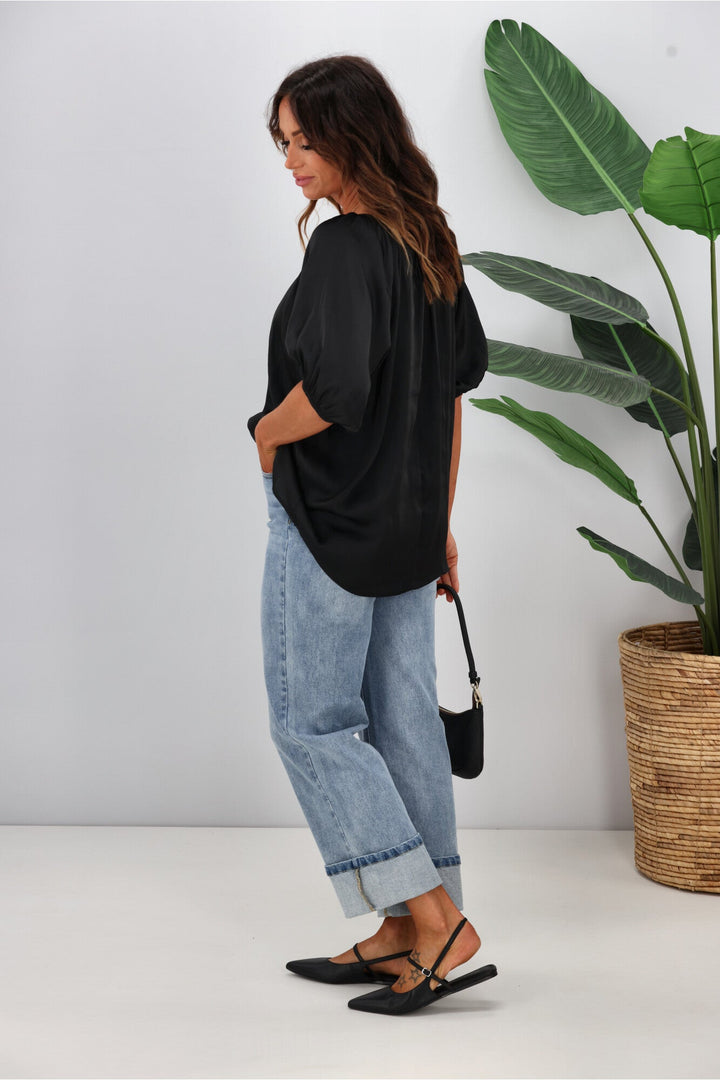 Gloss by Eve Satin Gathered Top Black