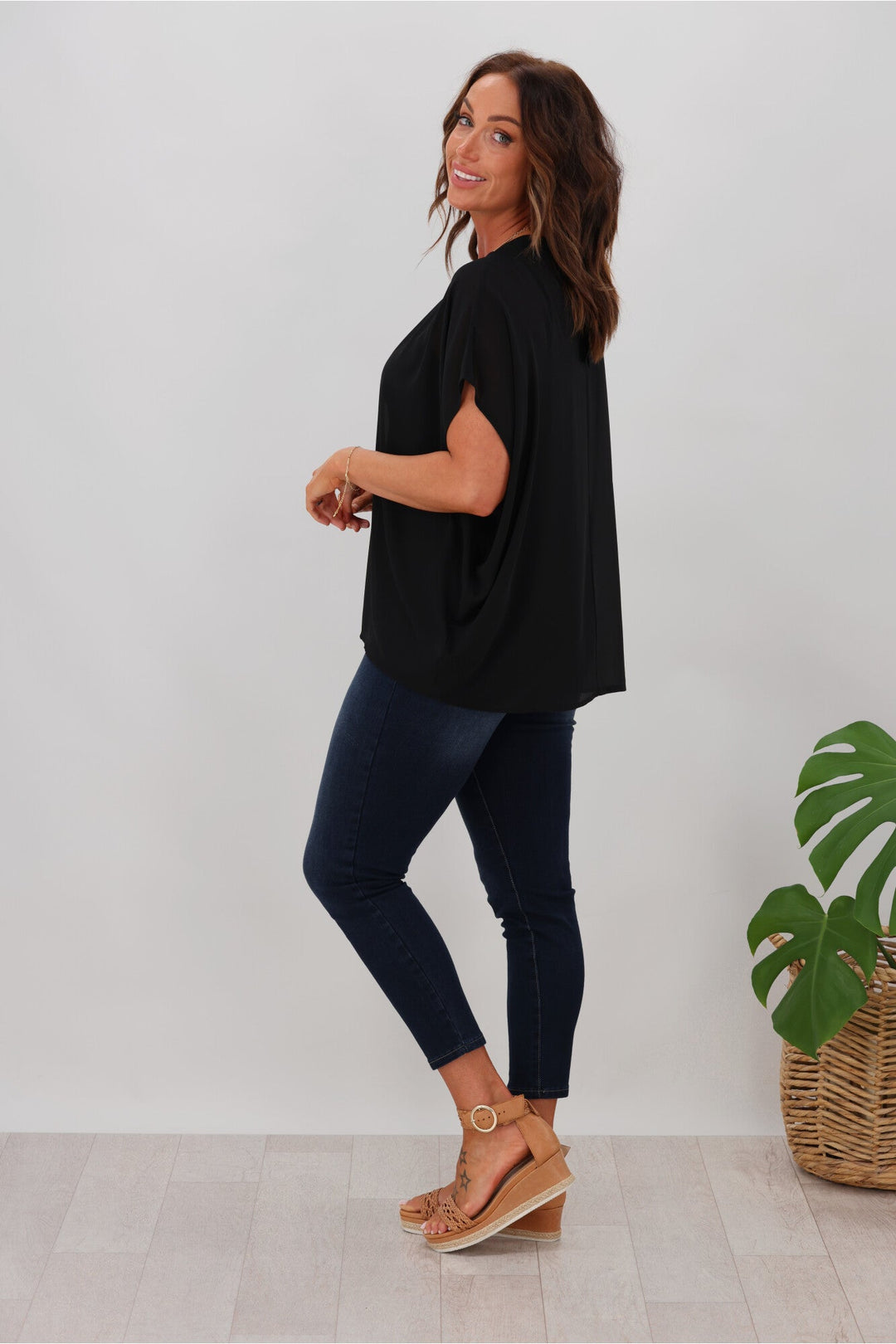 Gloss by Mathilda Batwing Tie Neck Top Black