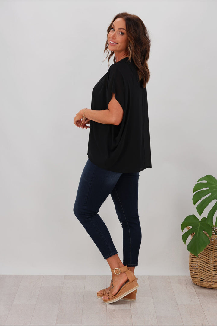 Gloss by Mathilda Batwing Tie Neck Top Black