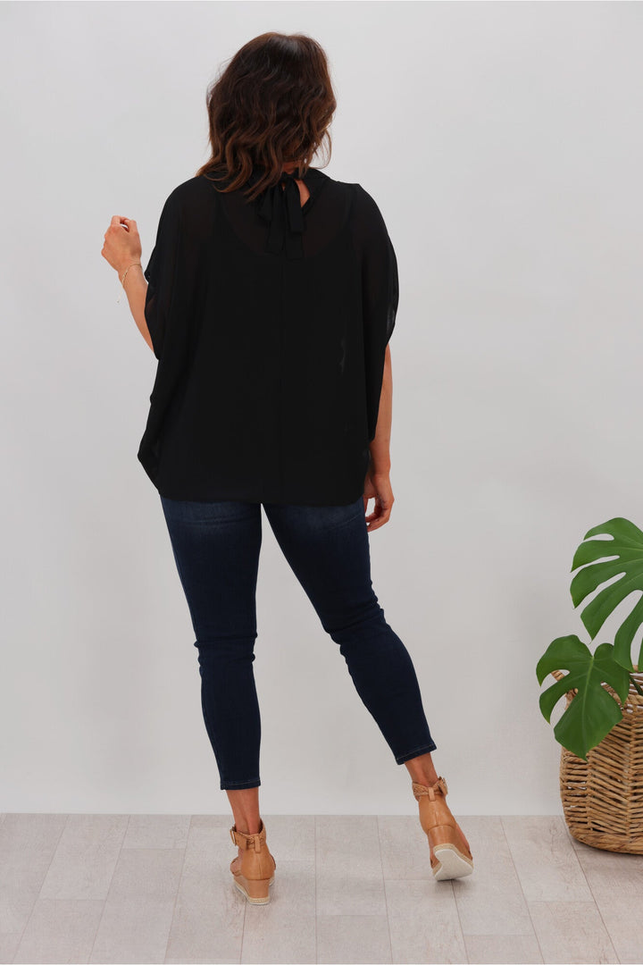 Gloss by Mathilda Batwing Tie Neck Top Black