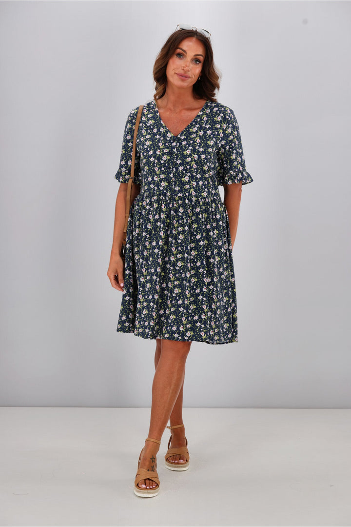 Sacha Frill Sleeve Dress Black Ditsy