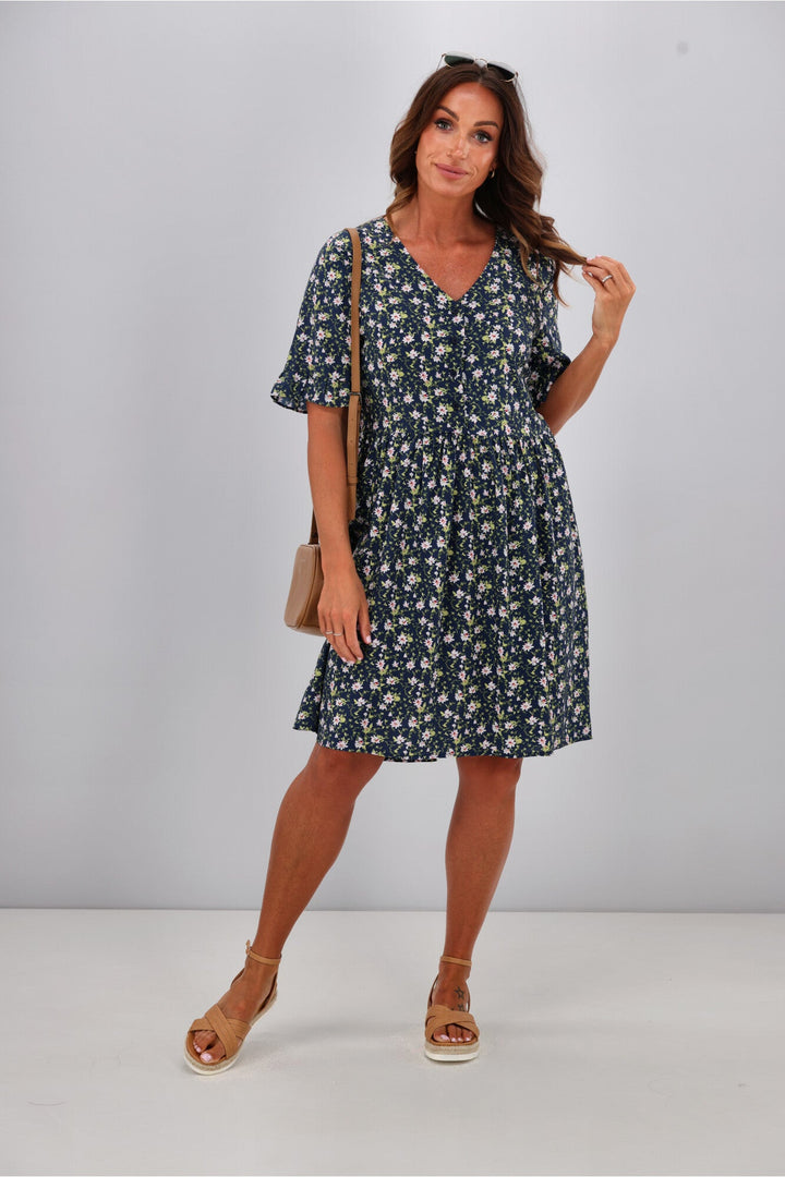 Sacha Frill Sleeve Dress Black Ditsy