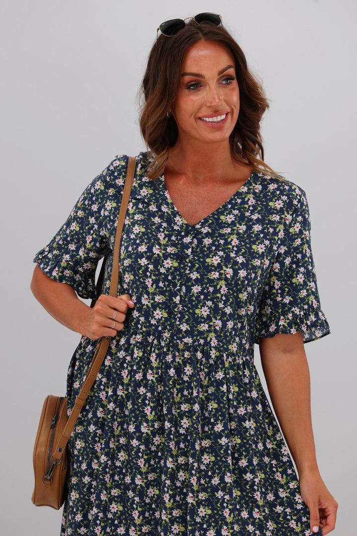 Sacha Frill Sleeve Dress Black Ditsy